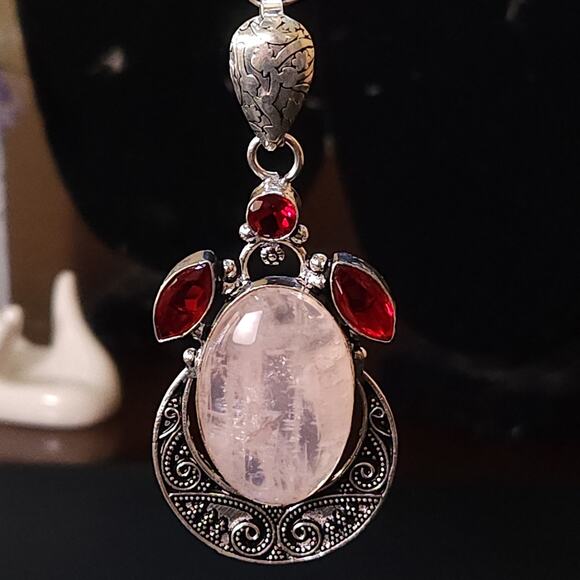 Rose Quartz & Carnelian Sterling Silver Pendant Necklace, 1.4 Inch Stone - Picture 1 of 10
